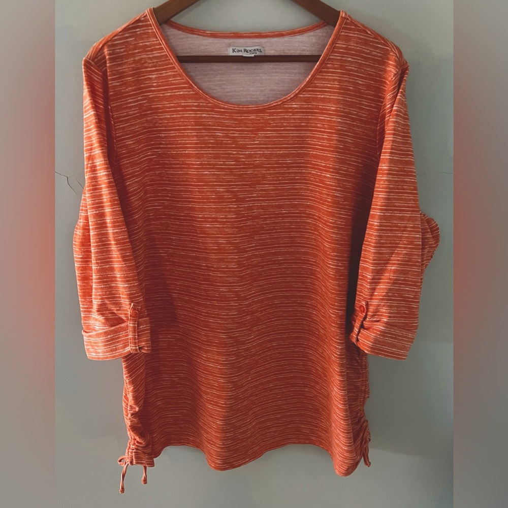 Kim Rogers 2X Orange & White Striped Top w/ Ruched Side 3/4 Tab Sleeve EUC